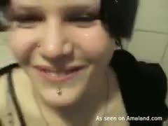 In the water closet, a filthy brunette dilettante of legal age gives her boyfriend her head.